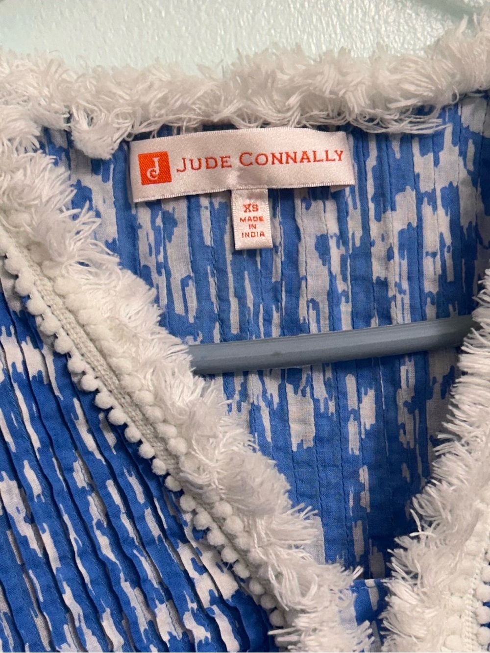 Jude Connally Blue White Fringe Trim Mini Dress XS Resort Boho - Picture 4 of 7